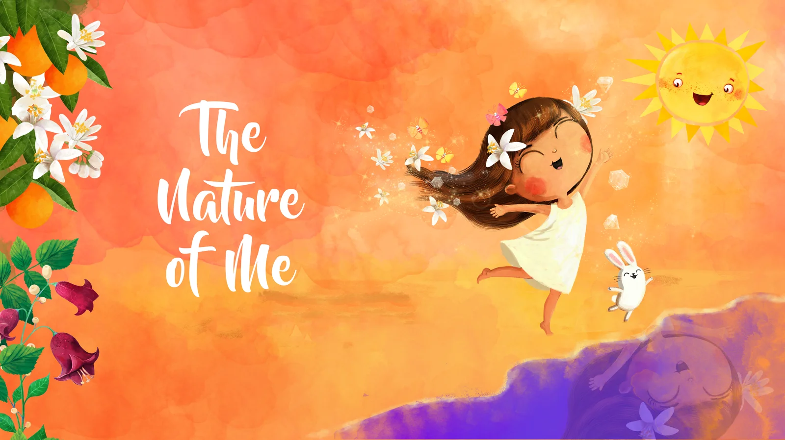 Book art: Mia with flowers in her hair, dancing with Bunny Bright under the orange blossom trees