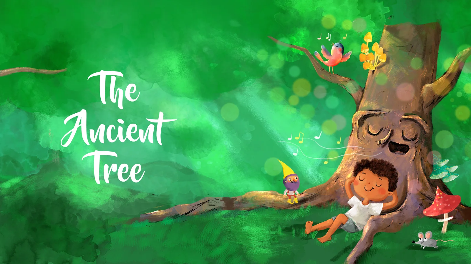 Book art: Toto asleep against the singing tree, Glee on a branch, the castle on the green hill