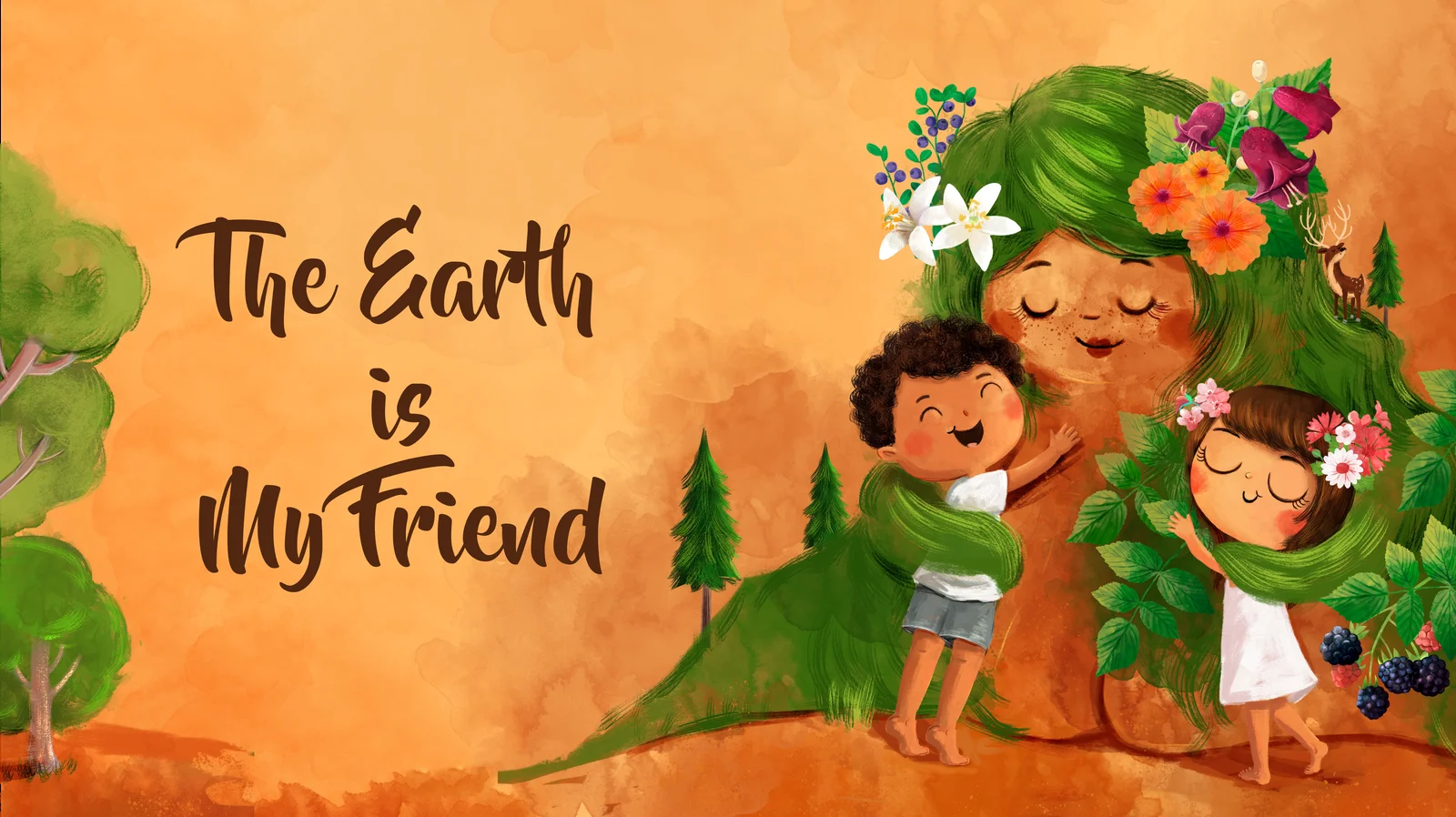 Book art: Mother Earth with forests and flowers growing in her hair, the two children held close
