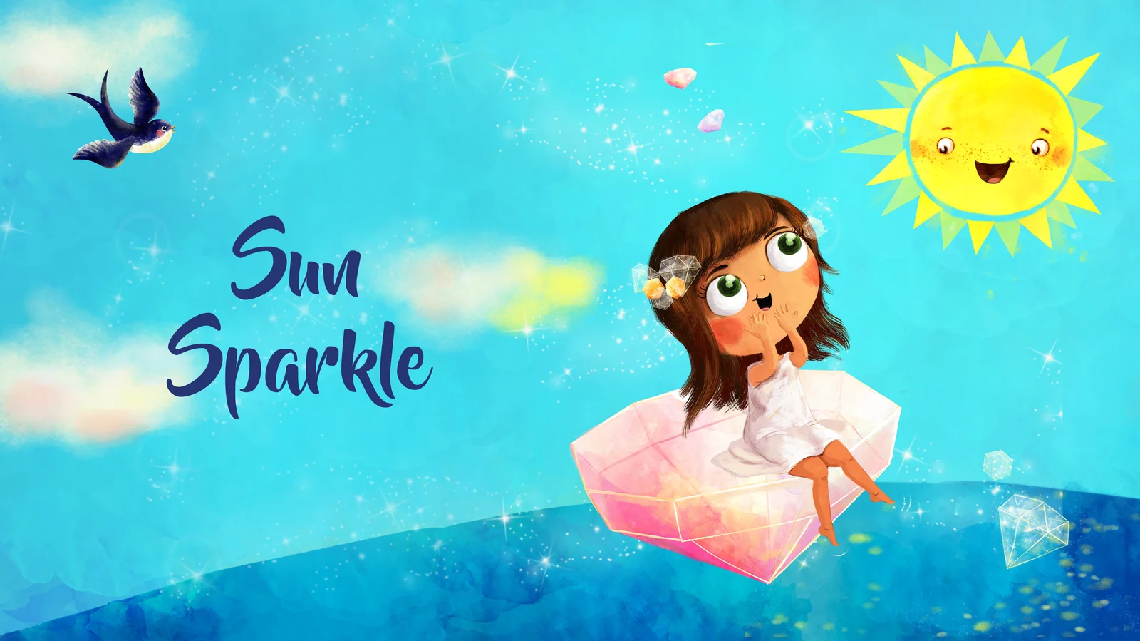 Book art: Mia lifted high above the sea on her pink diamond, the smiling sun before her