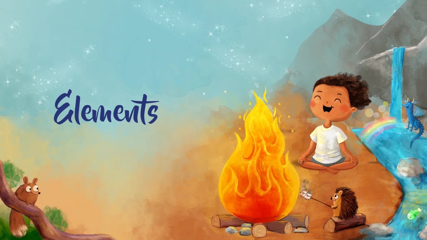 Book art: Toto at the crackling campfire with the dragon, the phoenix, the hedgehog and the swooshing Wind People