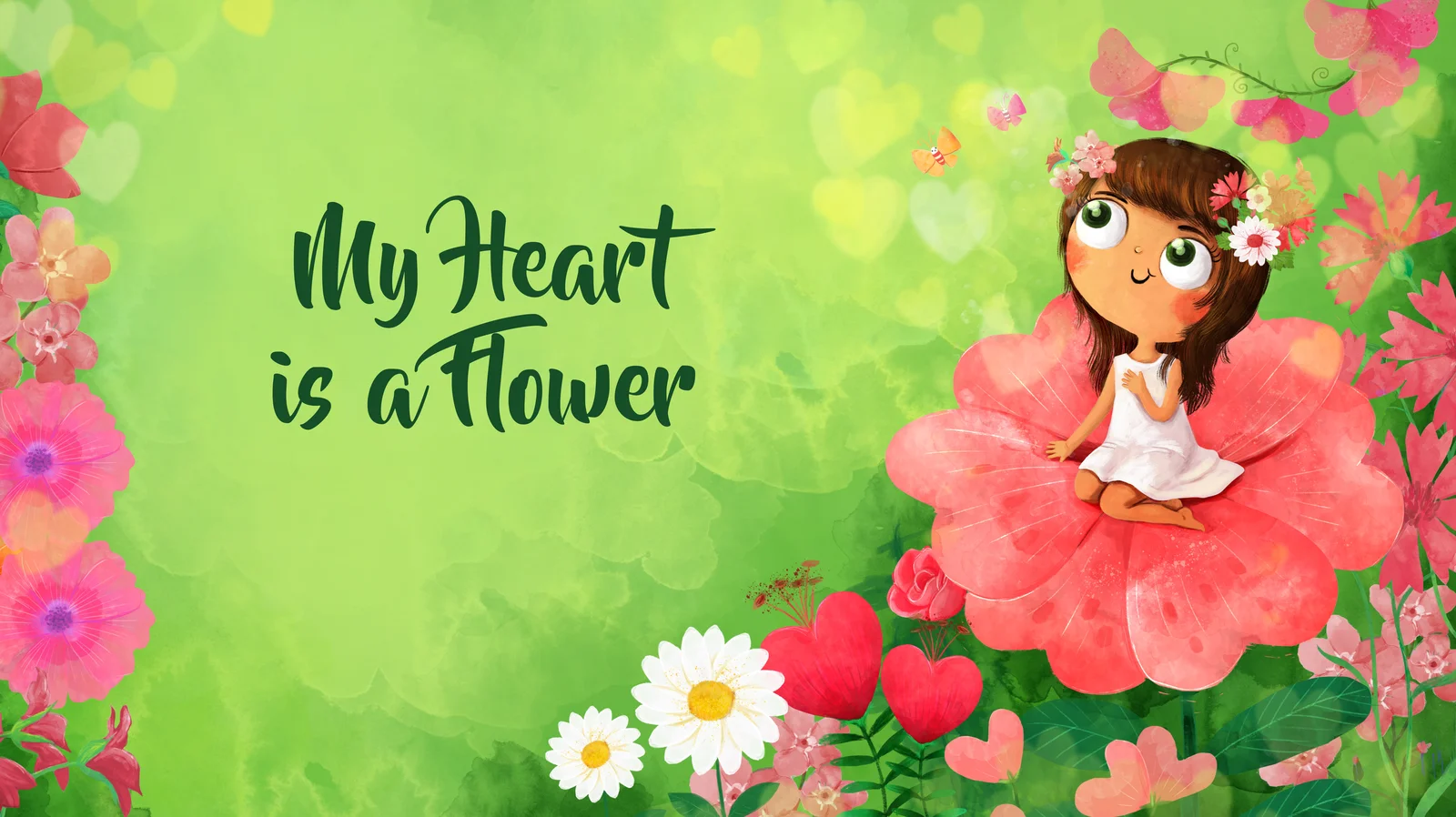 Book art: Mia sitting on the great pink bloom in the lime-green valley, every flower celebrating