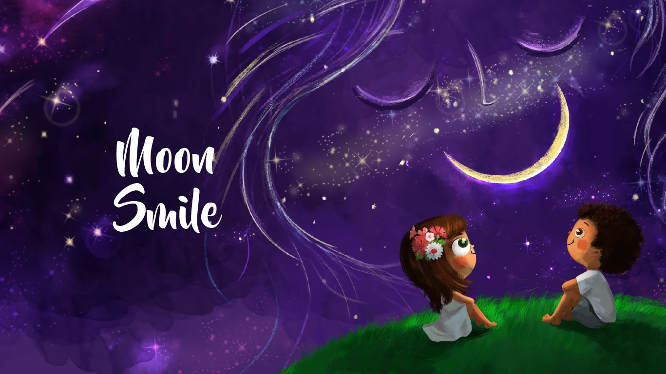 Book art: the children on the grassy hilltop beneath the golden crescent moon and a sky full of stars