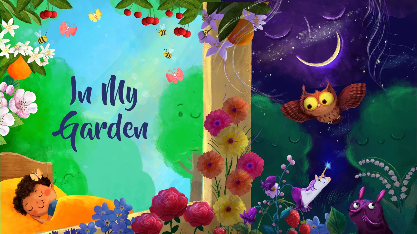 Book art: the day garden and, through the golden doorway, the night garden with the owl, the unicorn and the purple bunny
